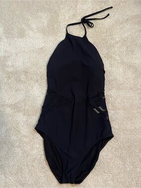 Gottex Black Halter One-Piece Swimsuit with Nude Strap Accent